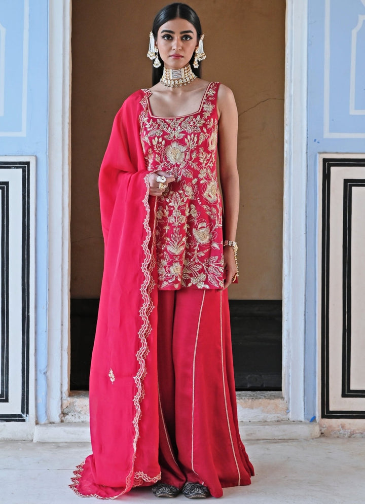 Red Satin Floral Embroidered Kurta Palazzo Set Ease - Fabilicious Fashion