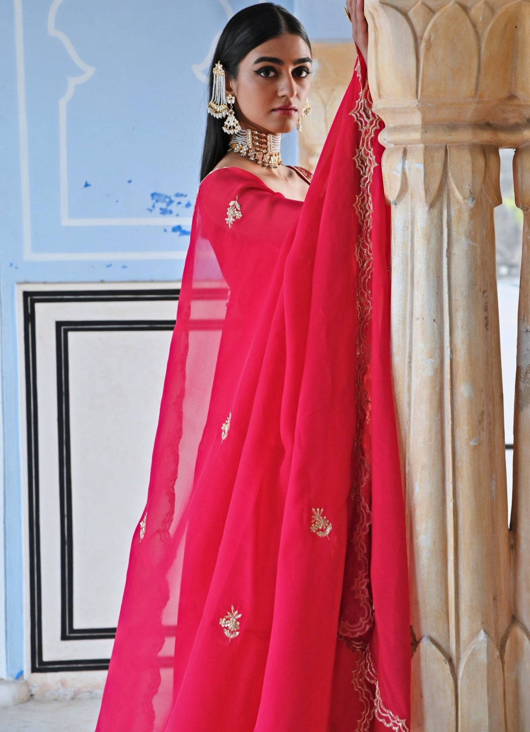 Red Satin Floral Embroidered Kurta Palazzo Set Ease - Fabilicious Fashion