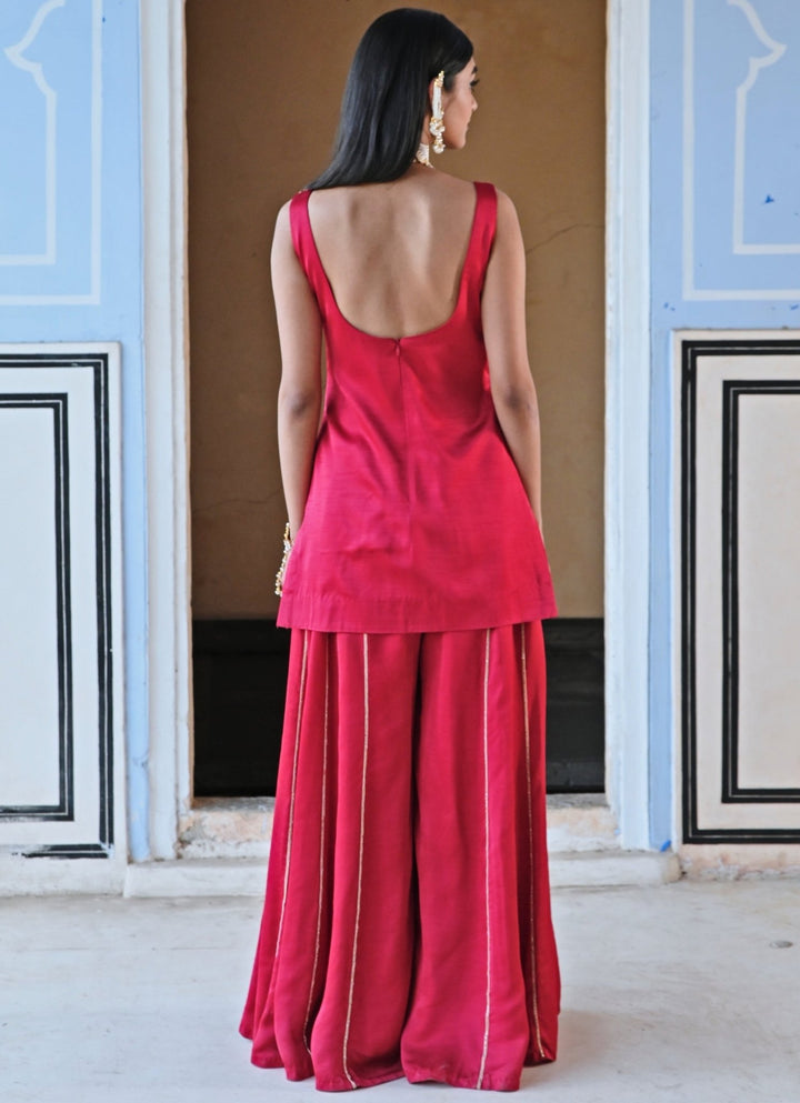 Red Satin Floral Embroidered Kurta Palazzo Set Ease - Fabilicious Fashion