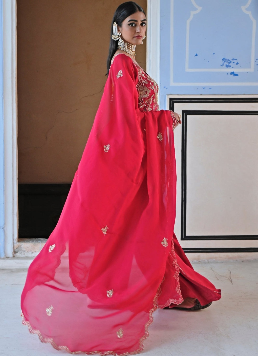 Red Satin Floral Embroidered Kurta Palazzo Set Ease - Fabilicious Fashion