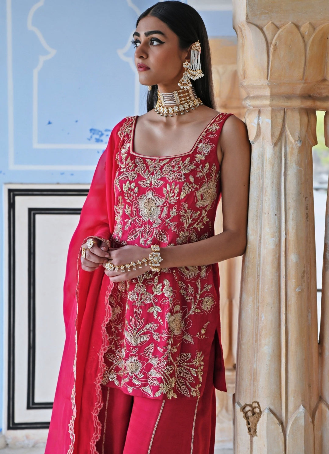 Red Satin Floral Embroidered Kurta Palazzo Set Ease - Fabilicious Fashion