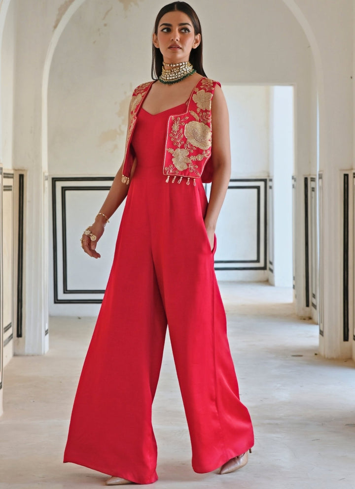 Red Satin Jumpsuit With Floral Embroidered Jacket Ease - Fabilicious Fashion