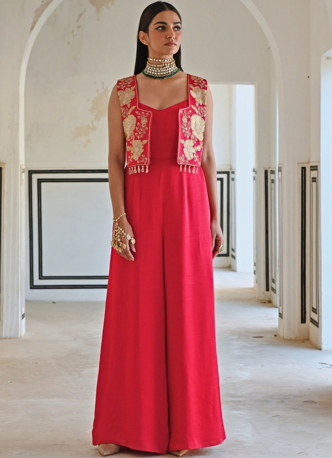 Red Satin Jumpsuit With Floral Embroidered Jacket Ease - Fabilicious Fashion