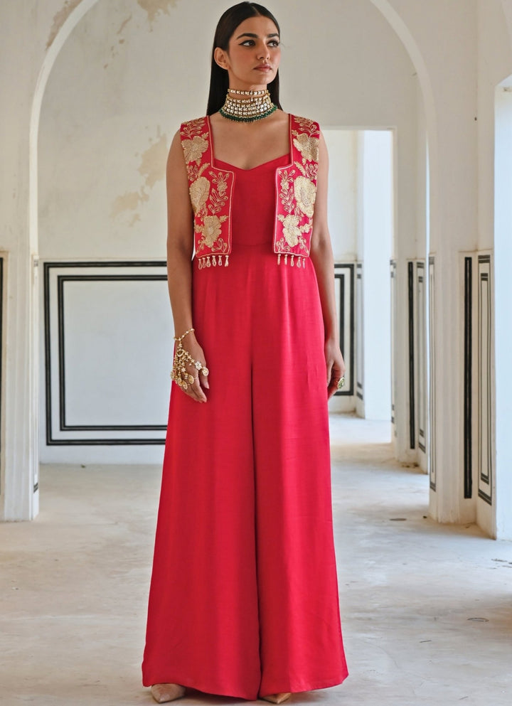 Red Satin Jumpsuit With Floral Embroidered Jacket Ease - Fabilicious Fashion
