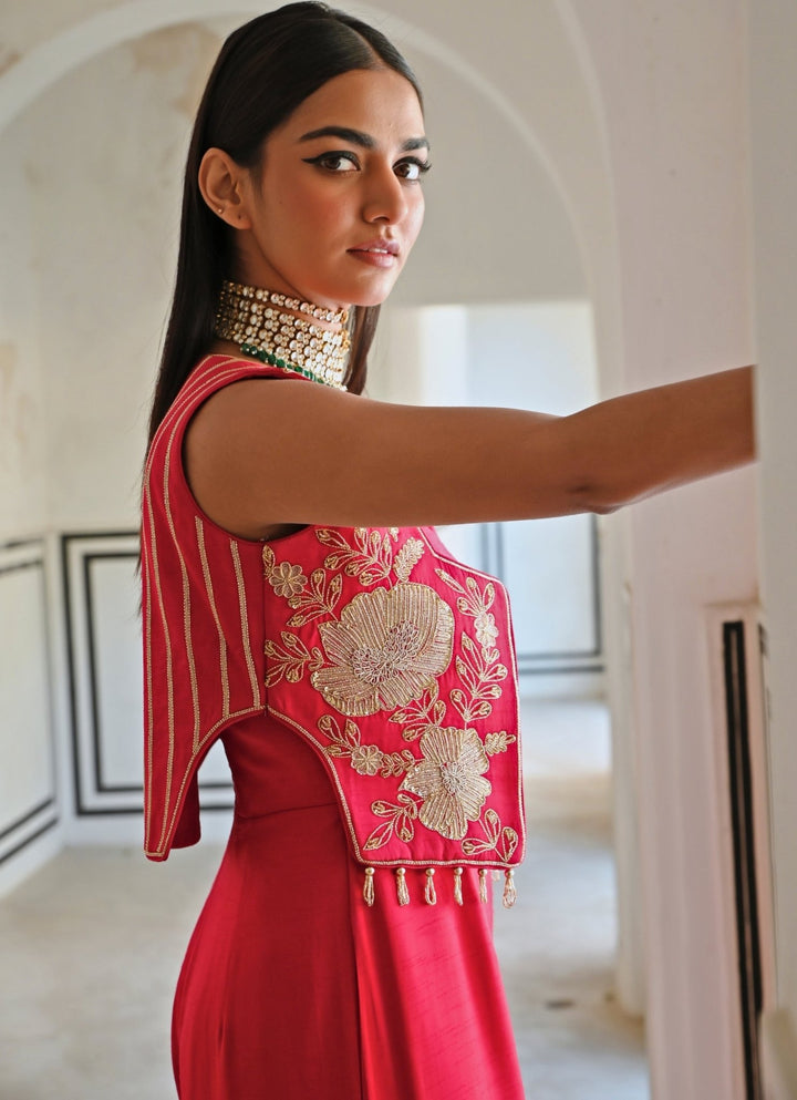 Red Satin Jumpsuit With Floral Embroidered Jacket Ease - Fabilicious Fashion