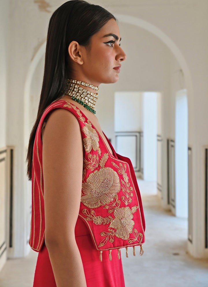 Red Satin Jumpsuit With Floral Embroidered Jacket Ease - Fabilicious Fashion