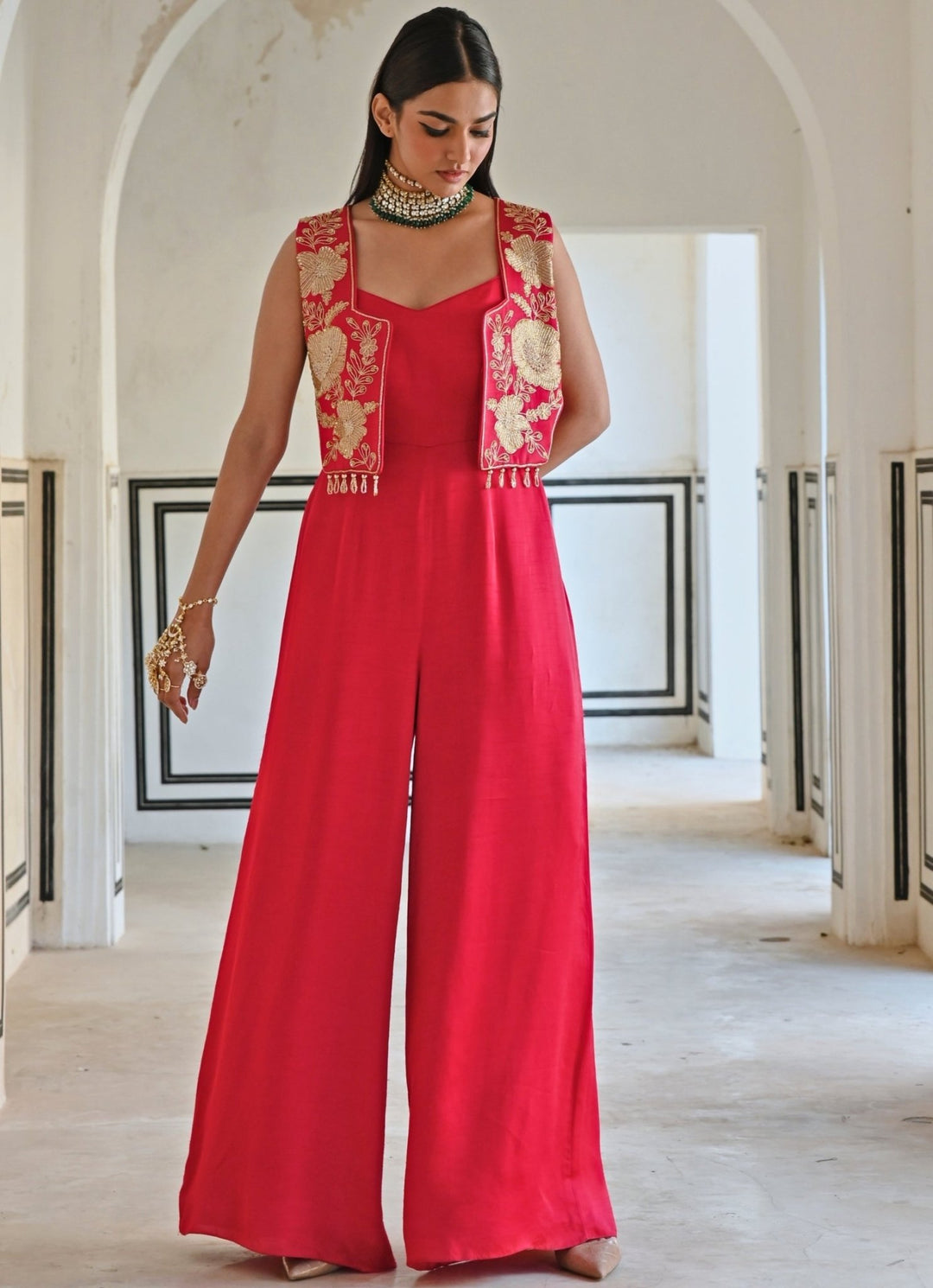 Red Satin Jumpsuit With Floral Embroidered Jacket Ease - Fabilicious Fashion