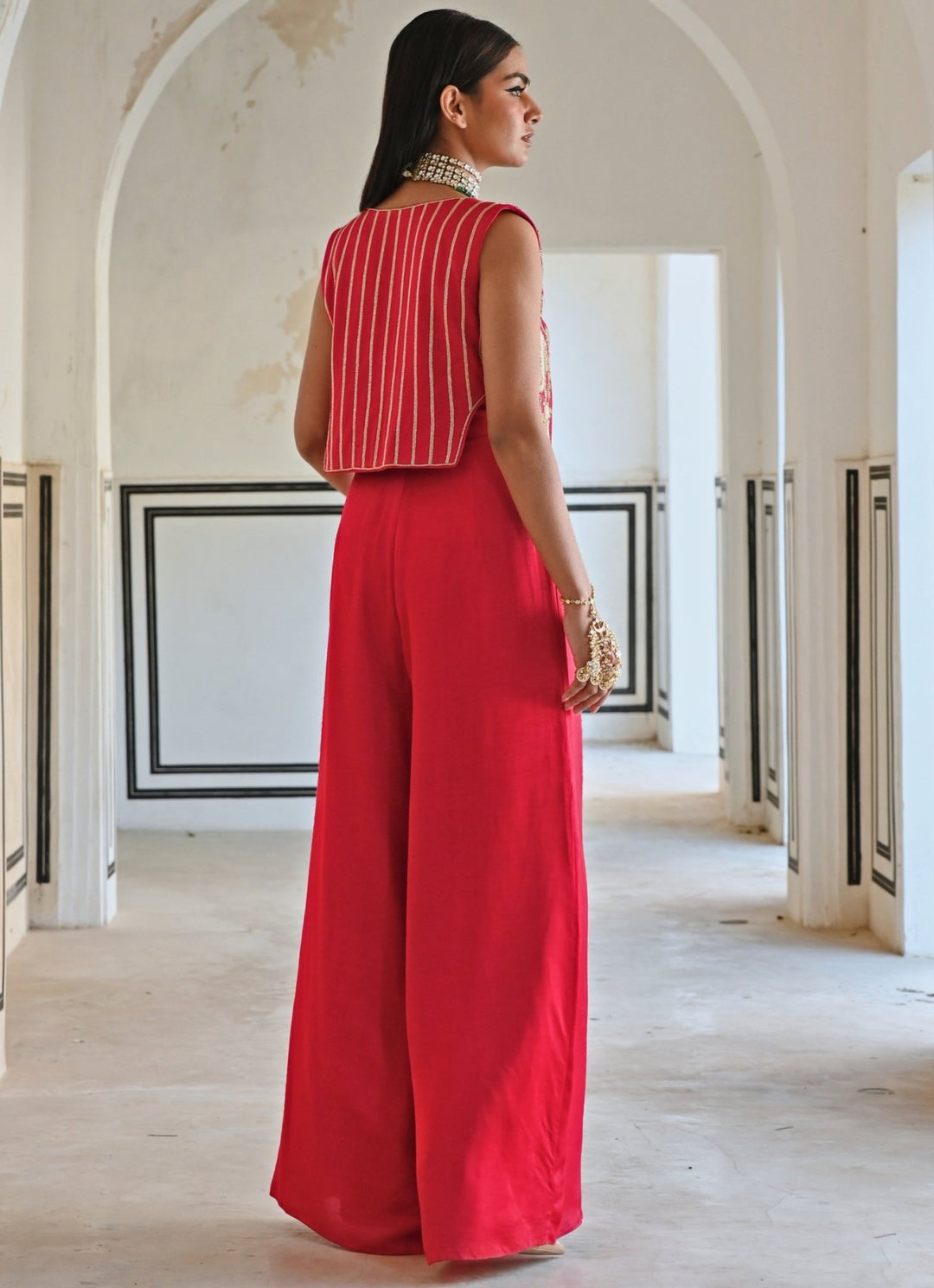 Red Satin Jumpsuit With Floral Embroidered Jacket Ease - Fabilicious Fashion