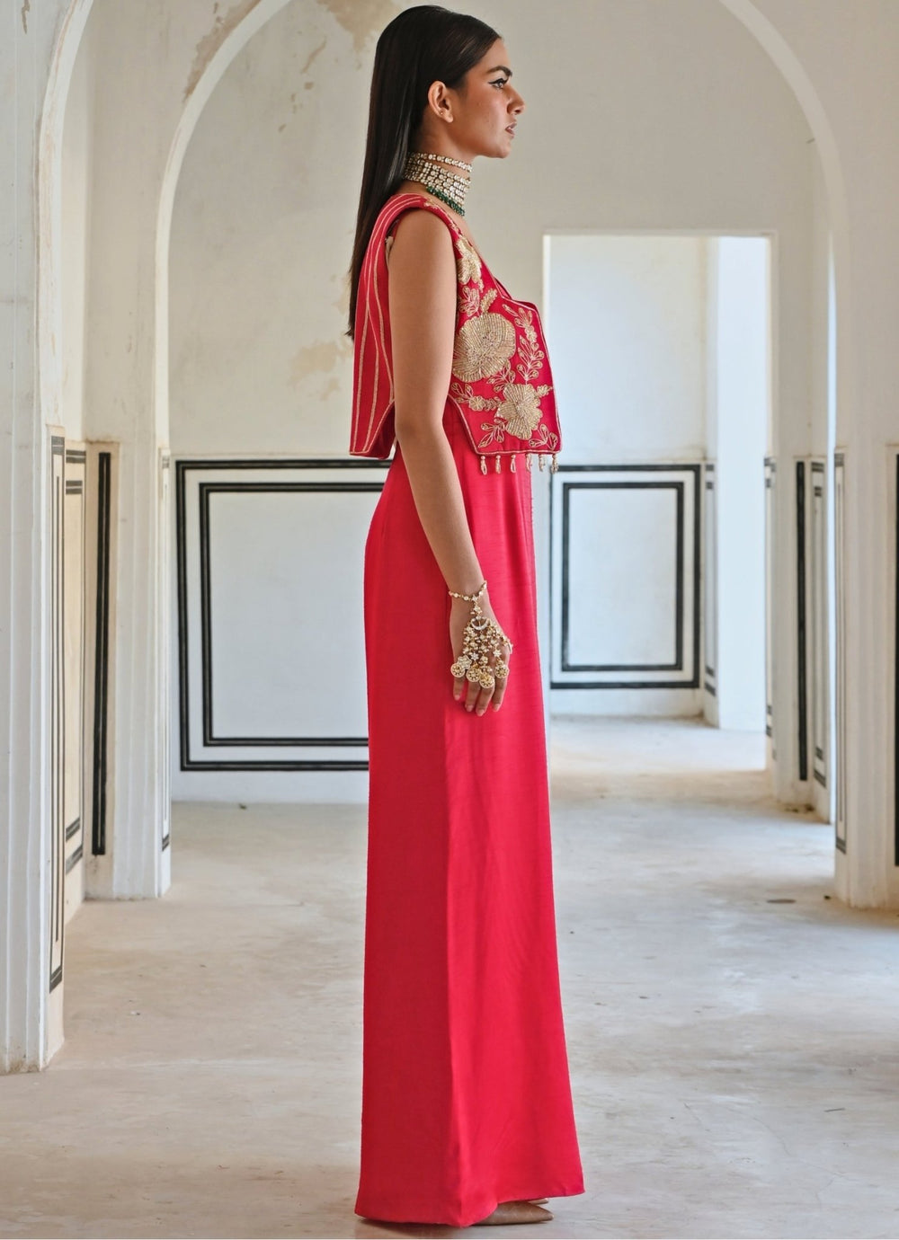 Red Satin Jumpsuit With Floral Embroidered Jacket Ease - Fabilicious Fashion