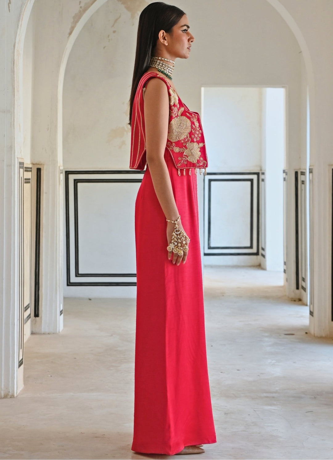 Red Satin Jumpsuit With Floral Embroidered Jacket Ease - Fabilicious Fashion