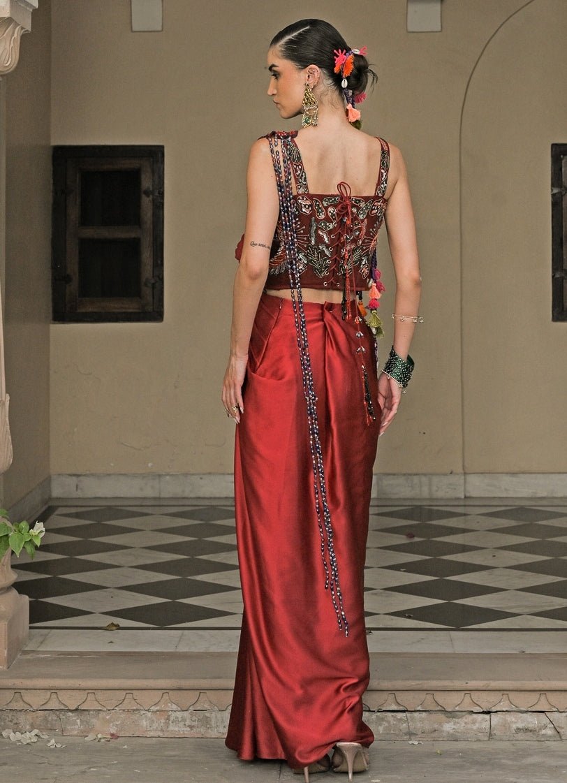 Juhi Bengani Red Satin Pre - Draped Saree With CorsetFabilicious Fashion
