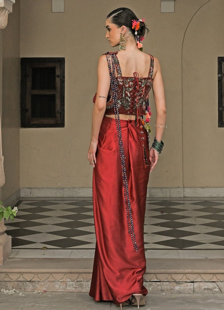 Juhi Bengani Red Satin Pre - Draped Saree With CorsetFabilicious Fashion