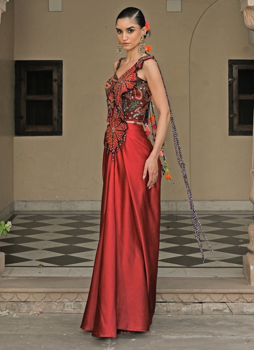 Juhi Bengani Red Satin Pre - Draped Saree With CorsetFabilicious Fashion