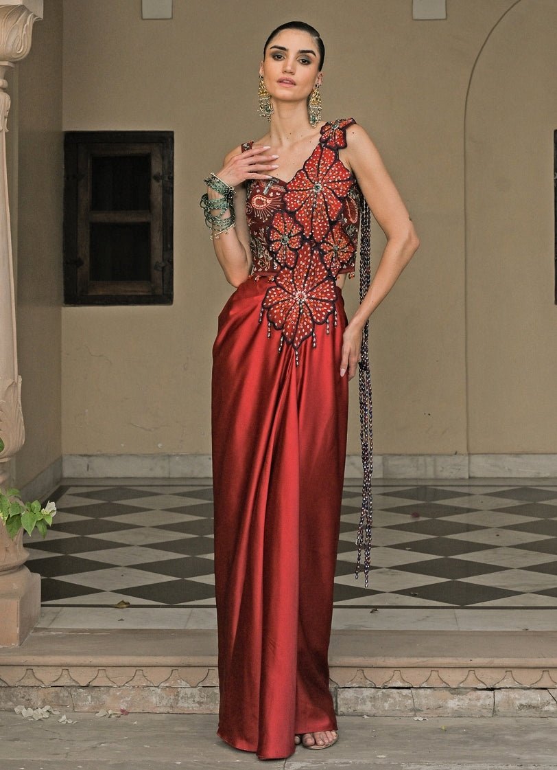 Juhi Bengani Red Satin Pre - Draped Saree With CorsetFabilicious Fashion