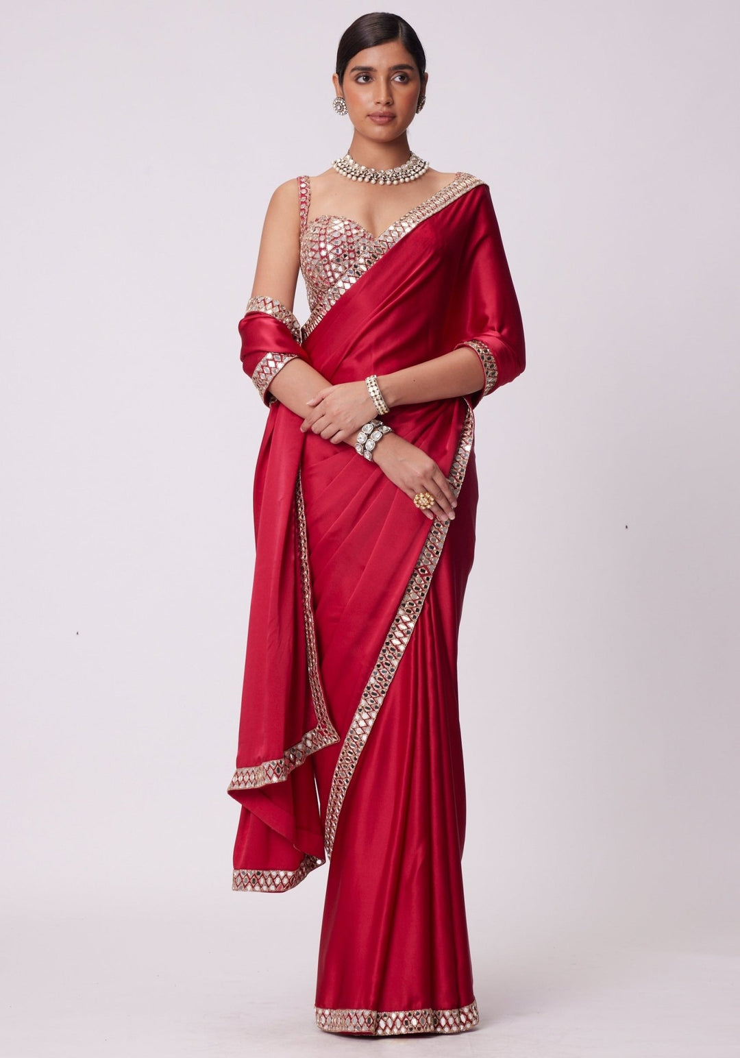 Red Satin Saree With Embroidered Mirror Blouse Vvani by Vani Vats - Fabilicious Fashion