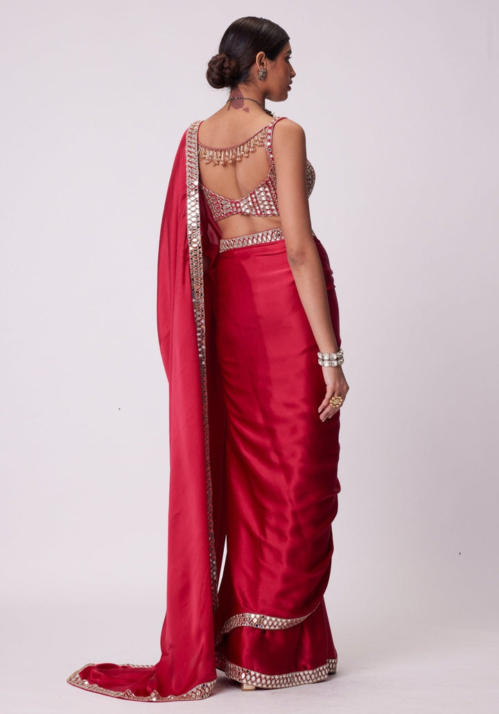 Red Satin Saree With Embroidered Mirror Blouse Vvani by Vani Vats - Fabilicious Fashion