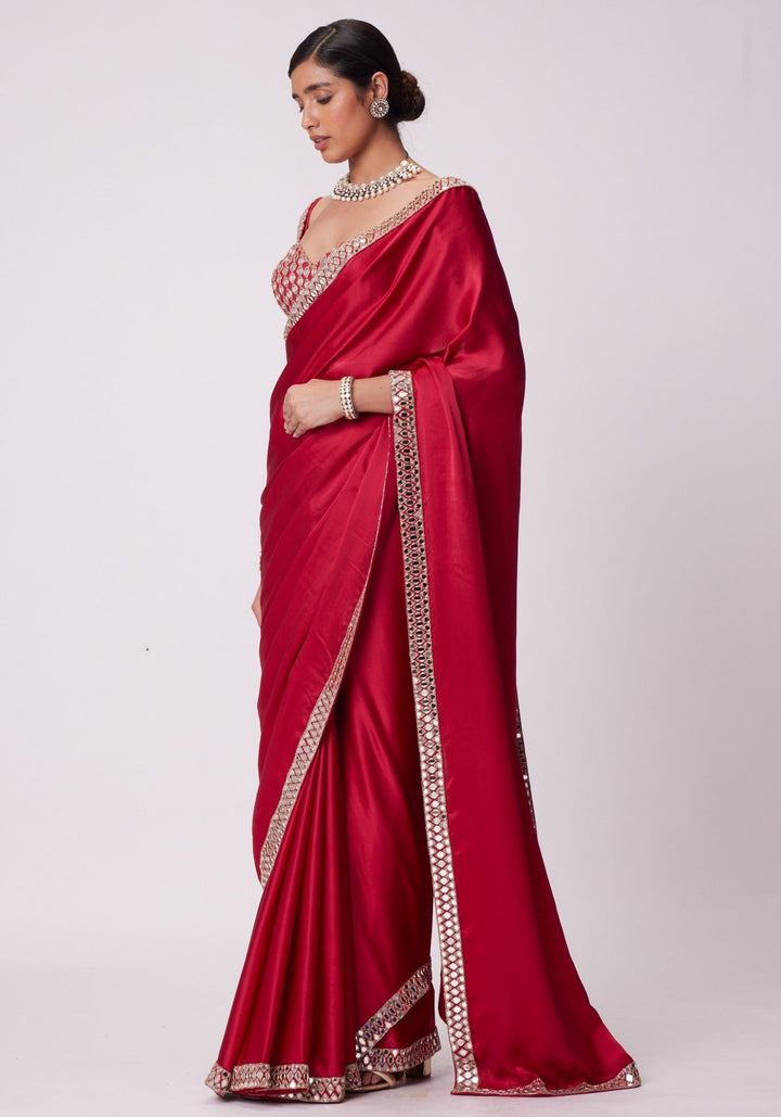 Red Satin Saree With Embroidered Mirror Blouse Vvani by Vani Vats - Fabilicious Fashion