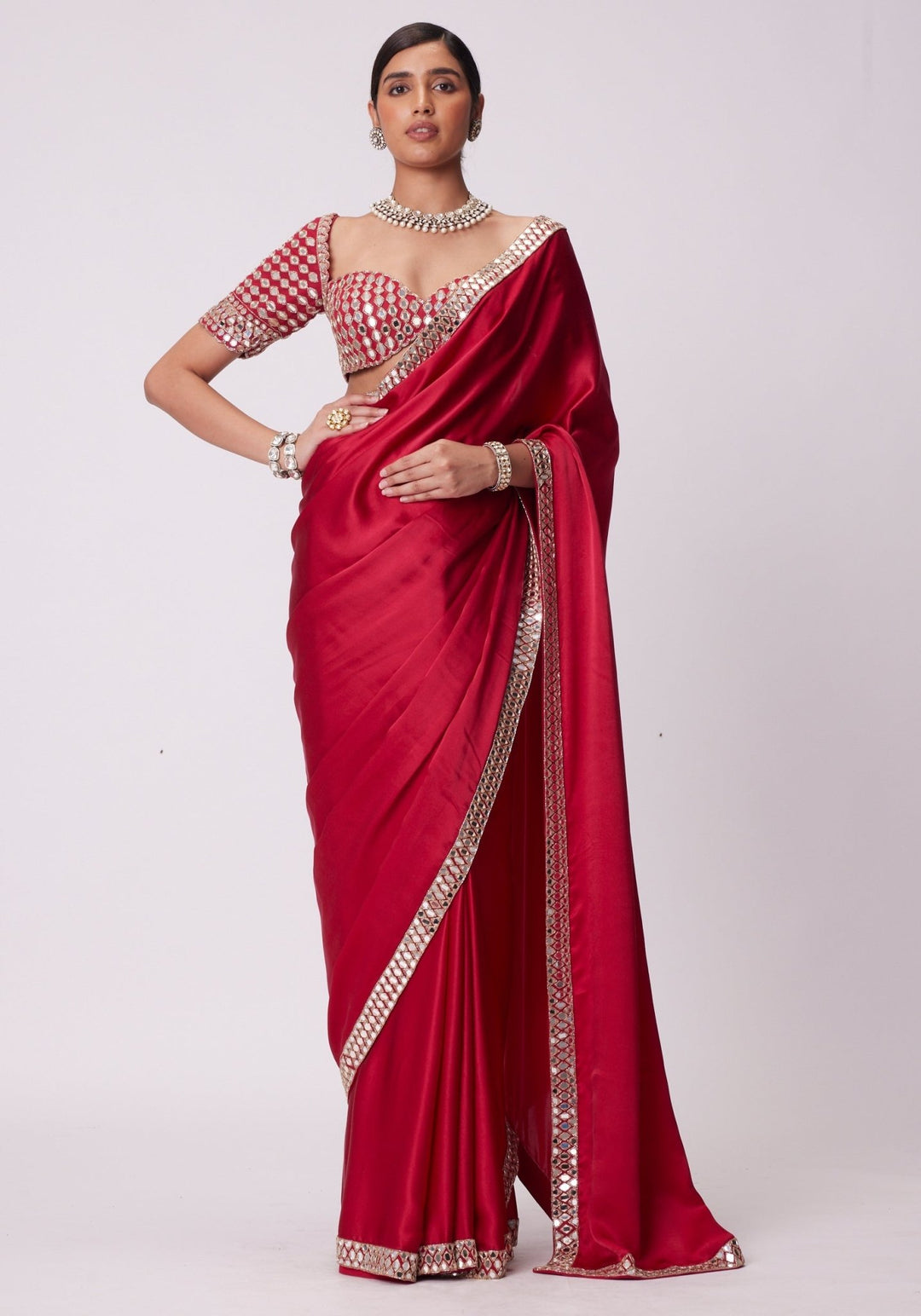 Red Satin Saree With Embroidered Mirror Blouse Vvani by Vani Vats - Fabilicious Fashion
