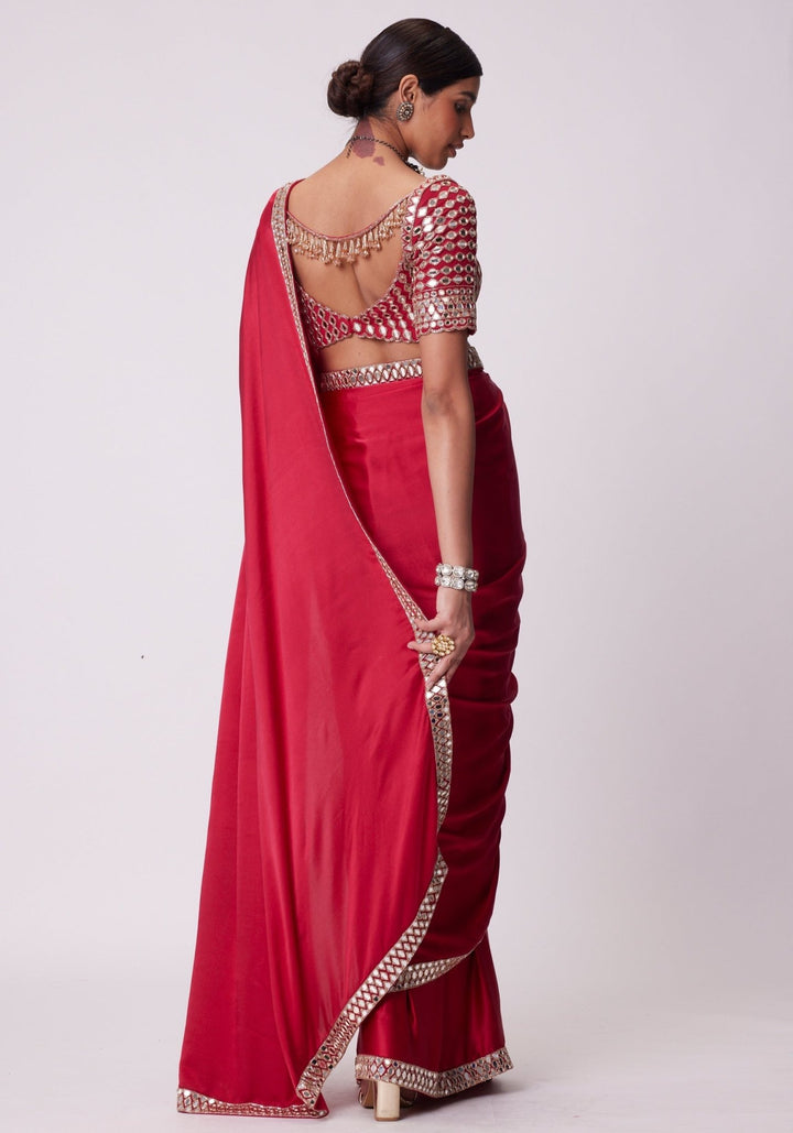 Red Satin Saree With Embroidered Mirror Blouse Vvani by Vani Vats - Fabilicious Fashion