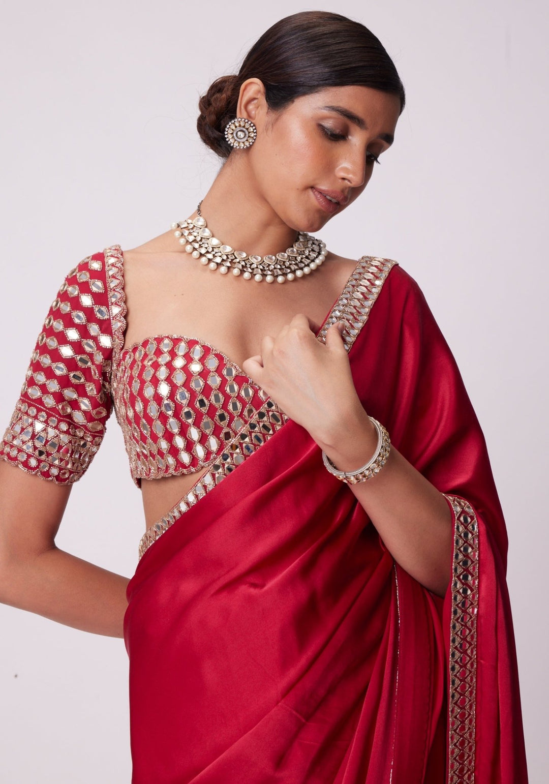 Red Satin Saree With Embroidered Mirror Blouse Vvani by Vani Vats - Fabilicious Fashion