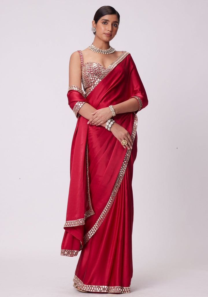 Red Satin Saree With Embroidered Mirror Blouse Vvani by Vani Vats - Fabilicious Fashion