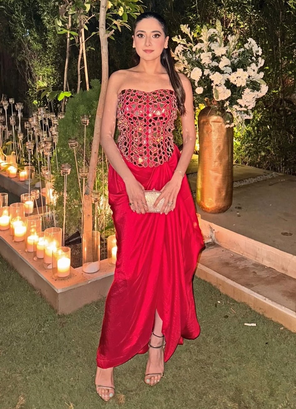 Red Satin Silk Mirror Corset With Skirt Twenty Nine - Fabilicious Fashion