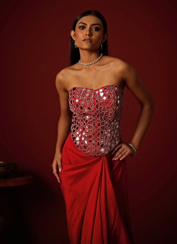 Red Satin Silk Mirror Corset With Skirt Twenty Nine - Fabilicious Fashion