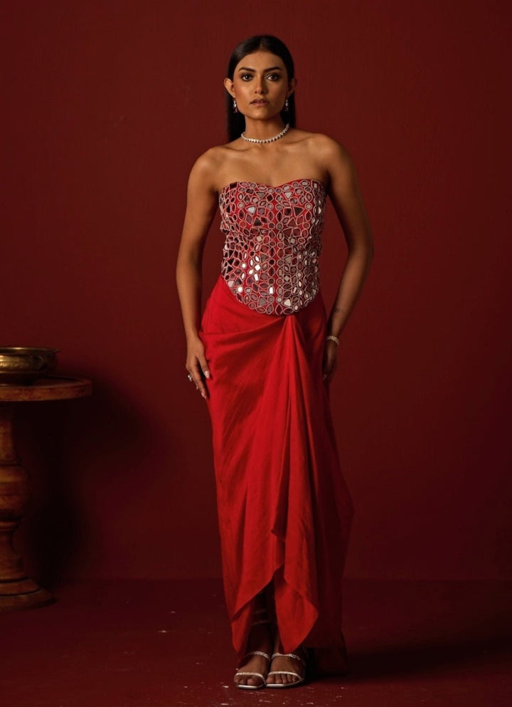 Red Satin Silk Mirror Corset With Skirt Twenty Nine - Fabilicious Fashion