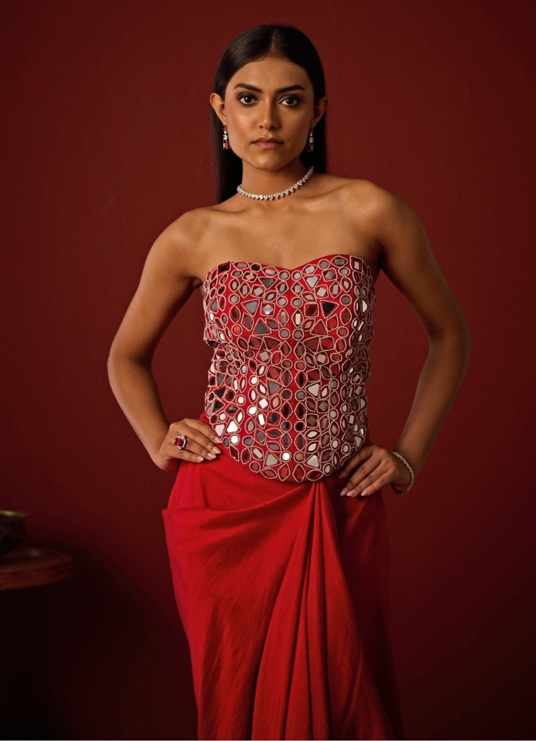 Red Satin Silk Mirror Corset With Skirt Twenty Nine - Fabilicious Fashion