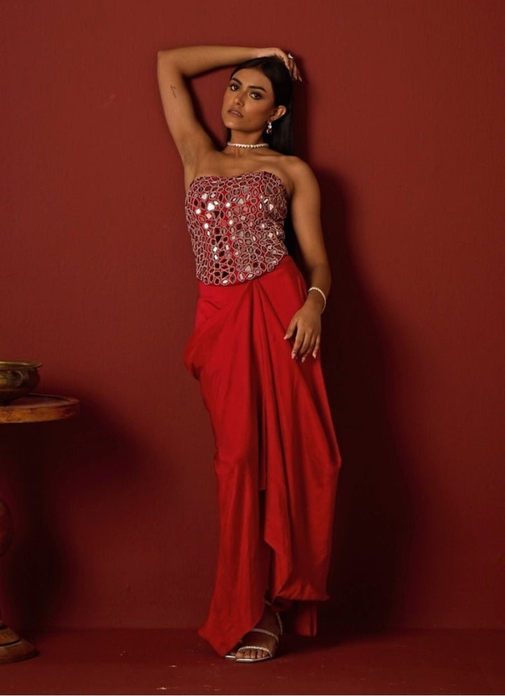 Red Satin Silk Mirror Corset With Skirt Twenty Nine - Fabilicious Fashion