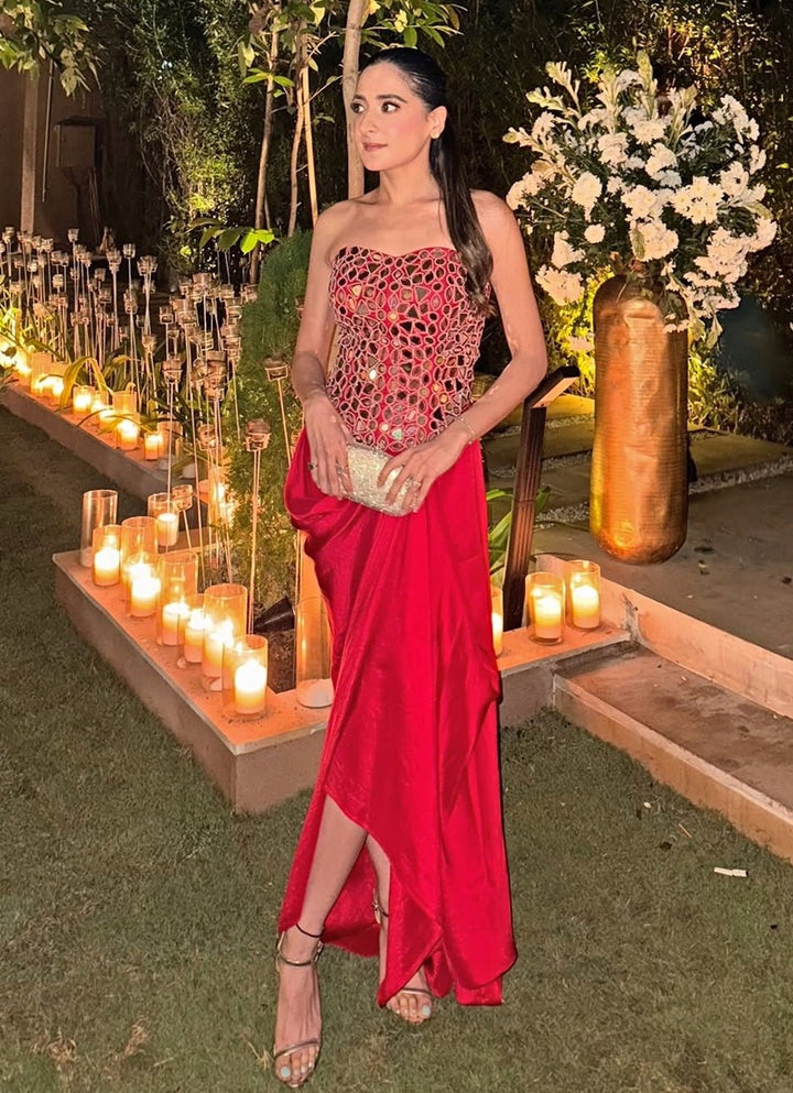 Red Satin Silk Mirror Corset With Skirt Twenty Nine - Fabilicious Fashion