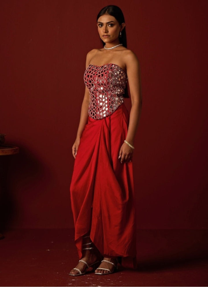 Red Satin Silk Mirror Corset With Skirt Twenty Nine - Fabilicious Fashion