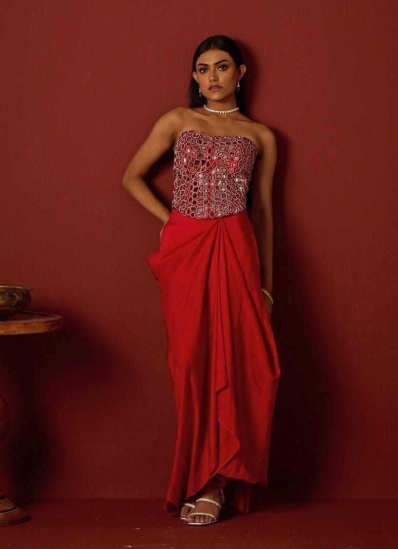 Red Satin Silk Mirror Corset With Skirt Twenty Nine - Fabilicious Fashion