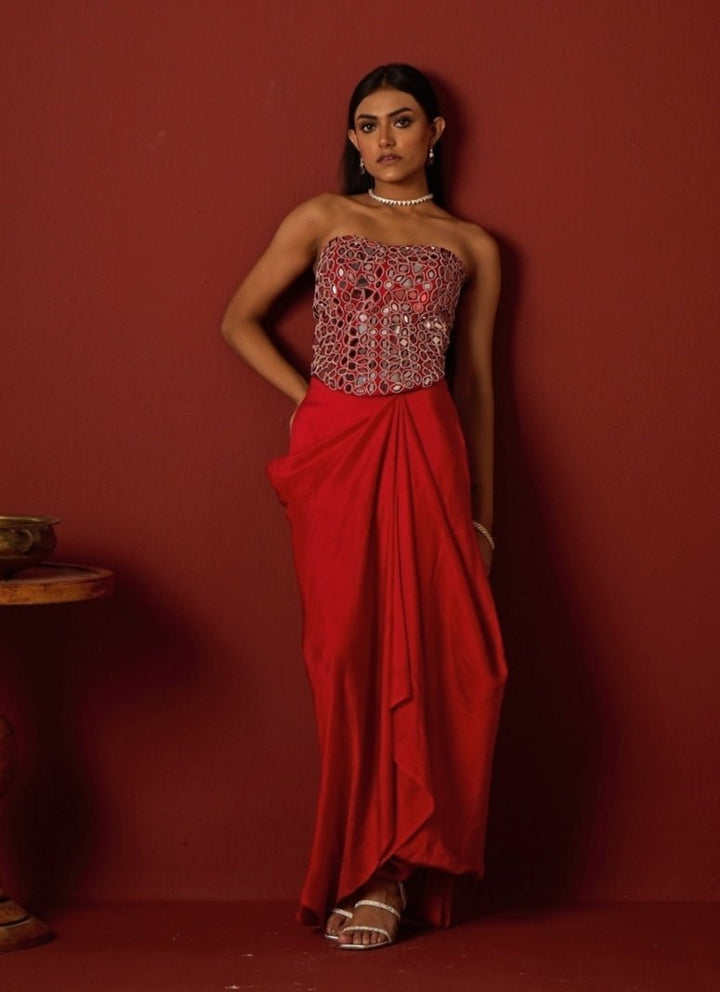 Red Satin Silk Mirror Corset With Skirt Twenty Nine - Fabilicious Fashion