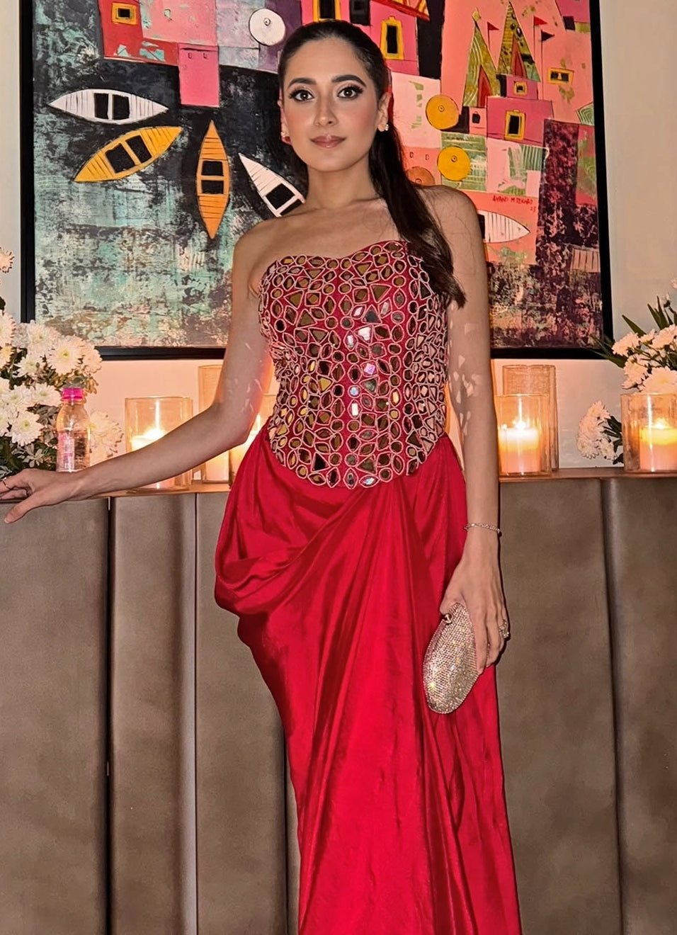 Red Satin Silk Mirror Corset With Skirt Twenty Nine - Fabilicious Fashion