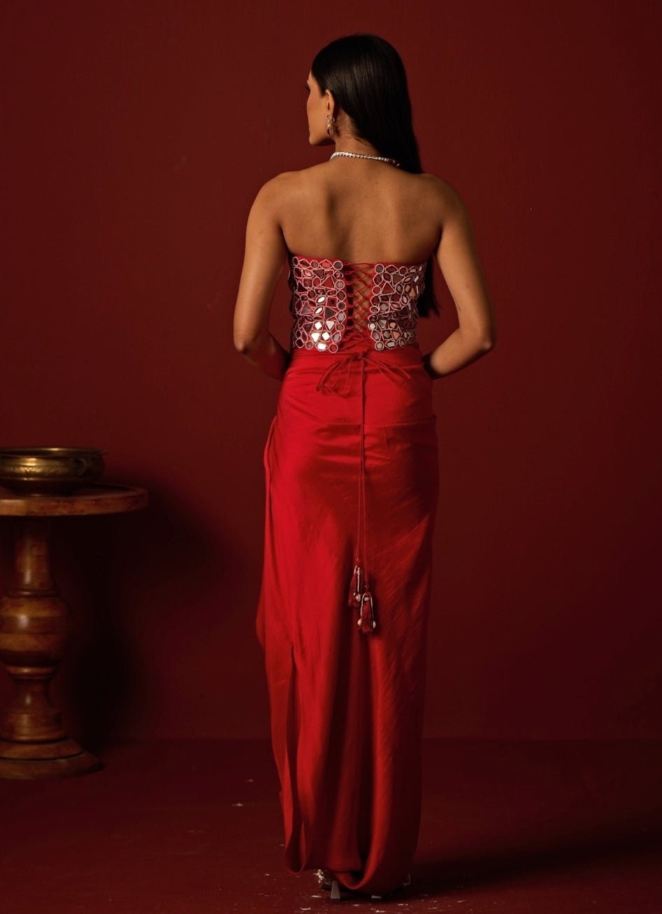 Red Satin Silk Mirror Corset With Skirt Twenty Nine - Fabilicious Fashion