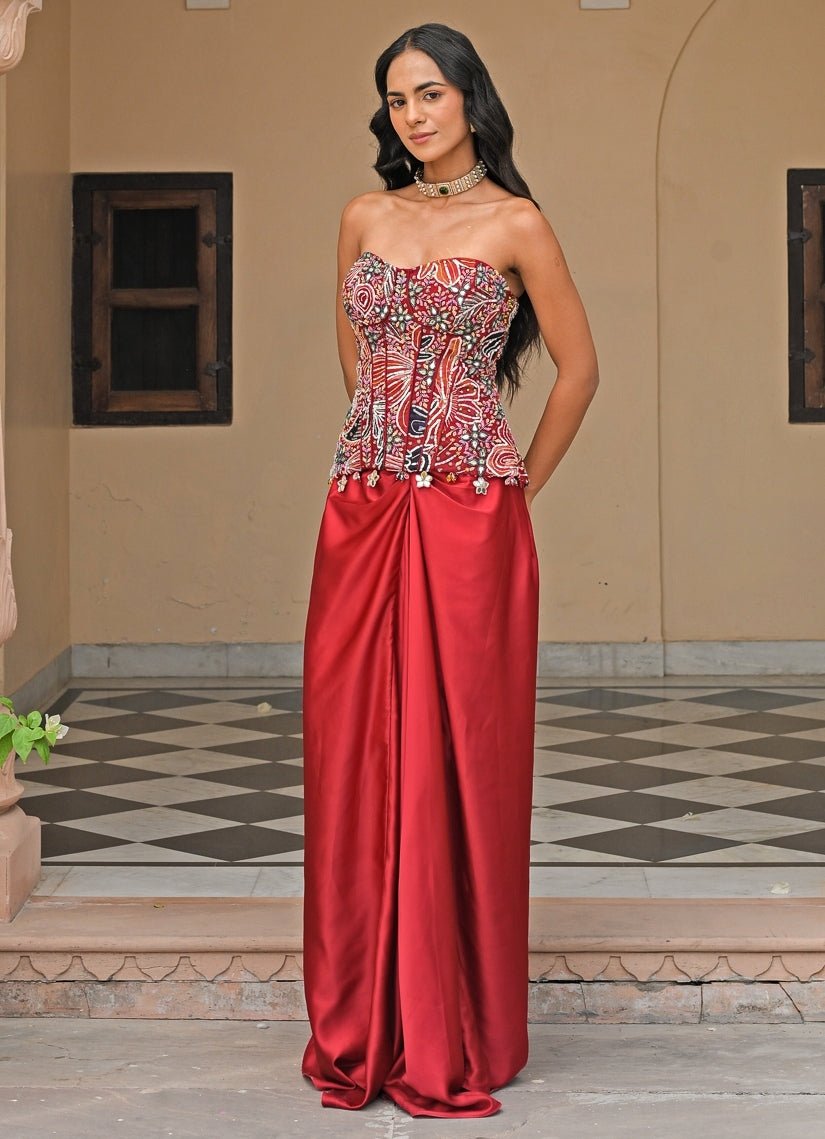Juhi Bengani Red Satin Skirt Set With Mirror CorsetFabilicious Fashion