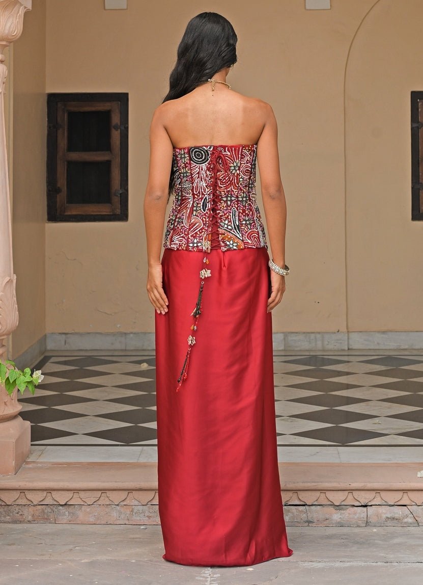 Juhi Bengani Red Satin Skirt Set With Mirror CorsetFabilicious Fashion