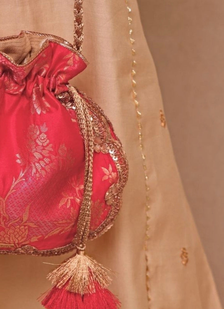 Red Scallop Silk Potli Amyra - Fabilicious Fashion