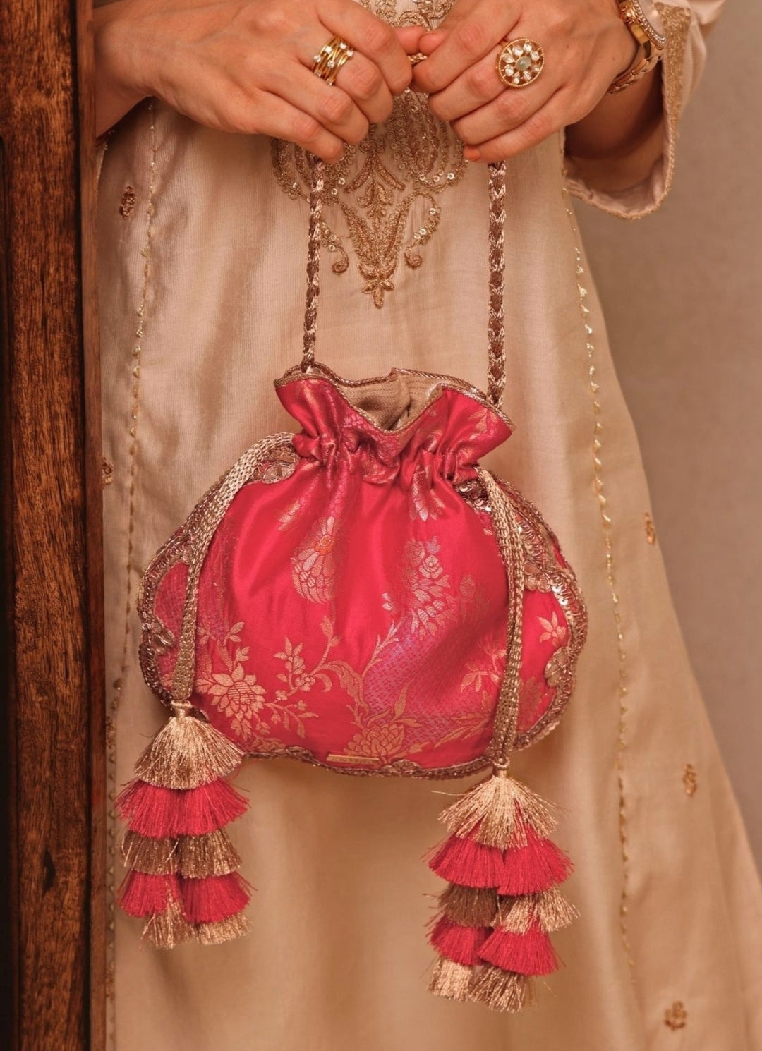 Red Scallop Silk Potli Amyra - Fabilicious Fashion