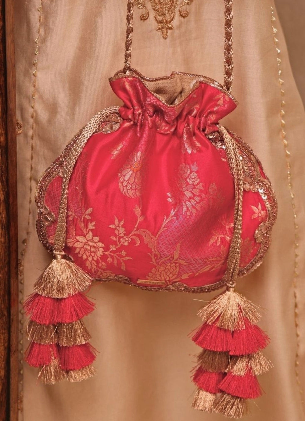 Red Scallop Silk Potli Amyra - Fabilicious Fashion