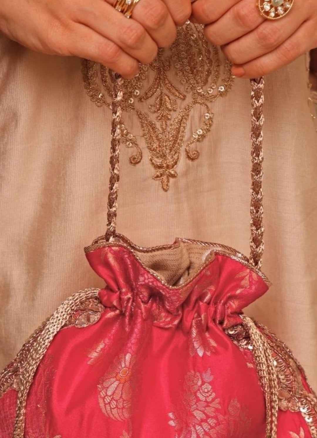 Red Scallop Silk Potli Amyra - Fabilicious Fashion