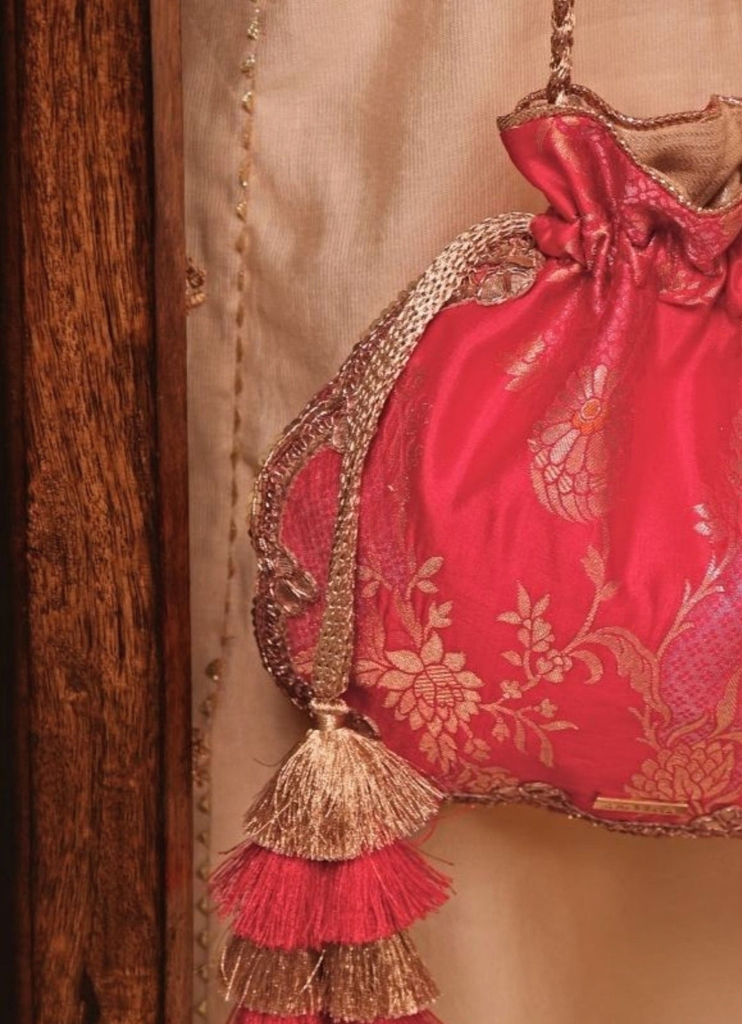 Red Scallop Silk Potli Amyra - Fabilicious Fashion