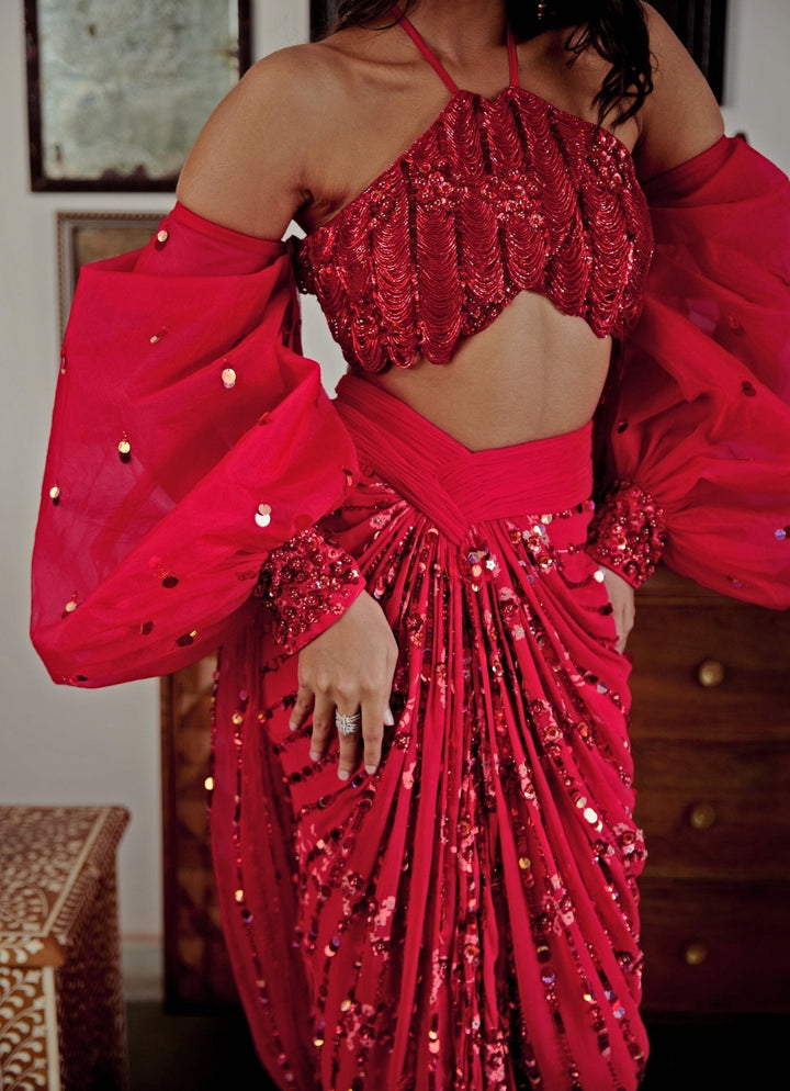 Red Scarlet Embroidered And Pre - Draped Georgette Skirt Saree Moledro - Fabilicious Fashion