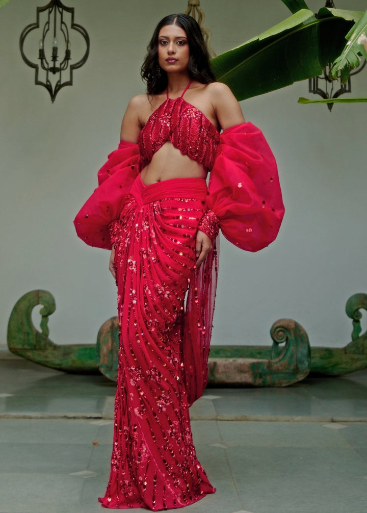 Red Scarlet Embroidered And Pre - Draped Georgette Skirt Saree Moledro - Fabilicious Fashion