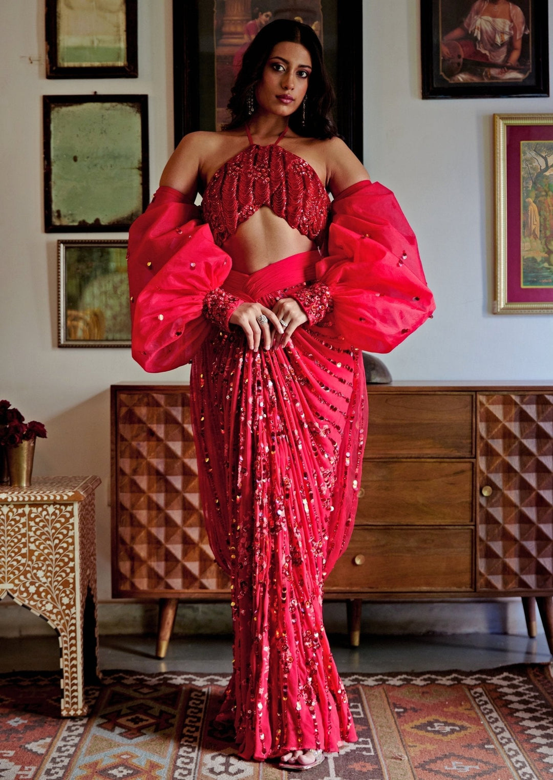 Red Scarlet Embroidered And Pre - Draped Georgette Skirt Saree Moledro - Fabilicious Fashion