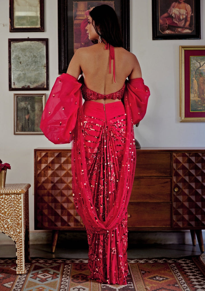 Red Scarlet Embroidered And Pre - Draped Georgette Skirt Saree Moledro - Fabilicious Fashion