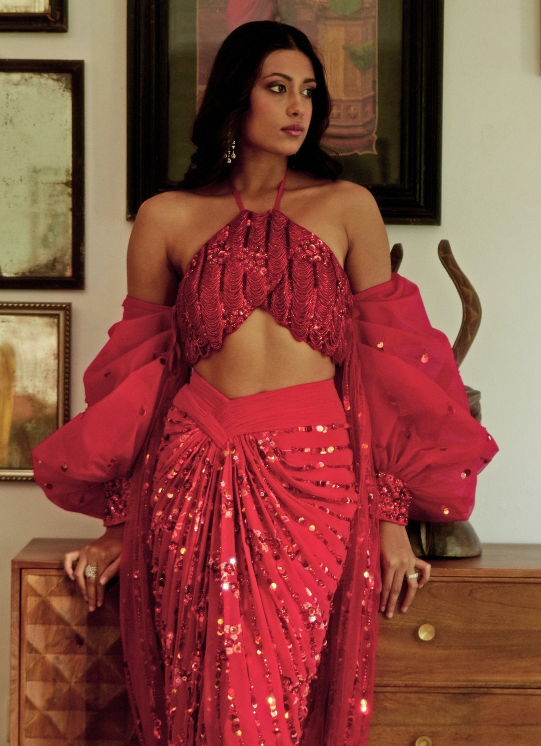 Red Scarlet Embroidered And Pre - Draped Georgette Skirt Saree Moledro - Fabilicious Fashion