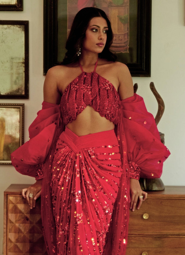 Red Scarlet Embroidered And Pre - Draped Georgette Skirt Saree Moledro - Fabilicious Fashion