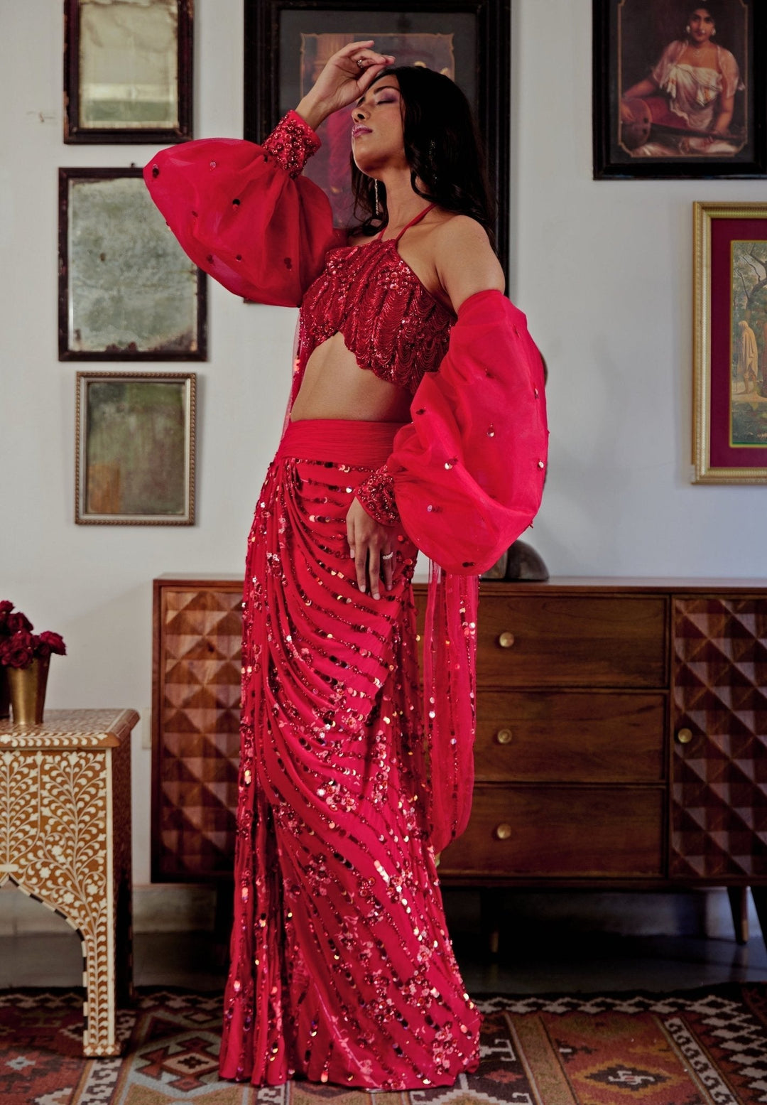 Red Scarlet Embroidered And Pre - Draped Georgette Skirt Saree Moledro - Fabilicious Fashion